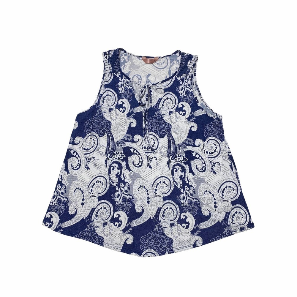 Sjs Blue & White Paisley Keyhole Sleeveless Blouse